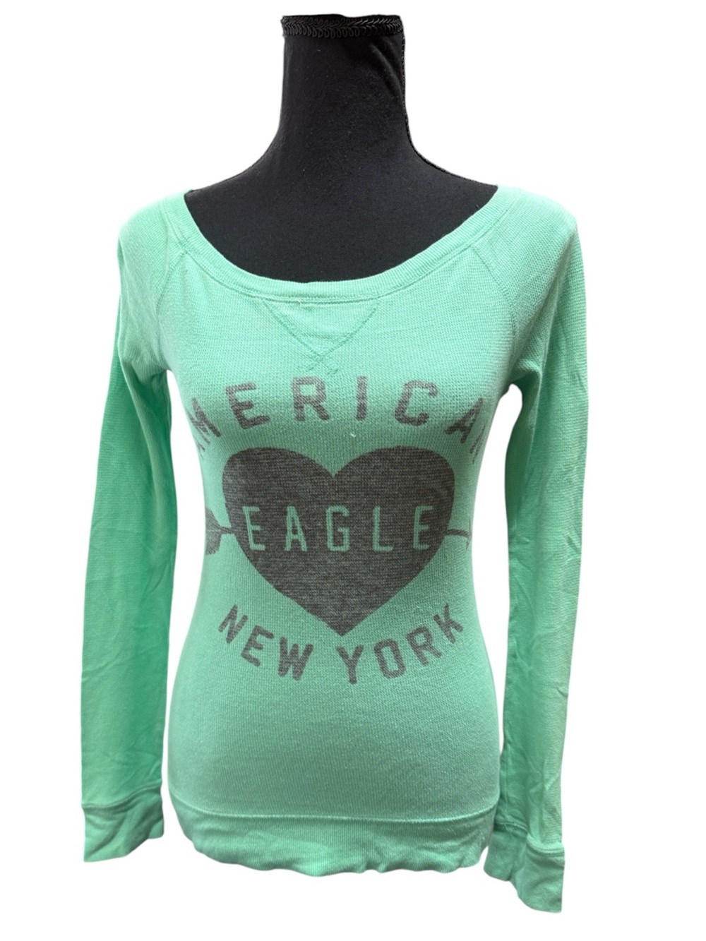 American Eagle AEO Women’s Mint Green Long Sleeve Graphic Thermal Top